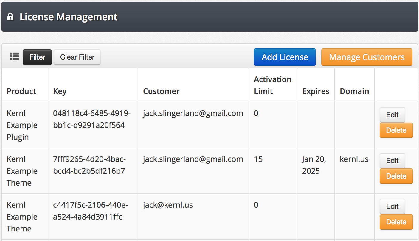 WordPress License Management List Page